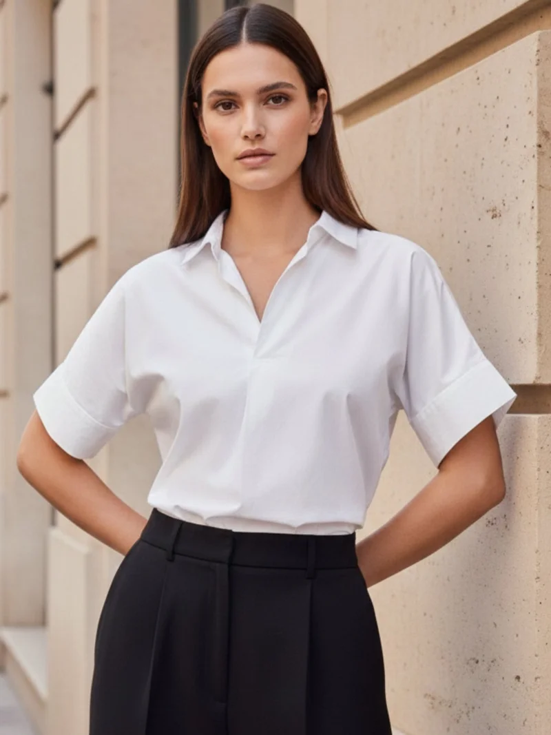 Outzidr  White Beige Boxy Shirt With Rolled Short Sleeves for Women | Best Price UAE